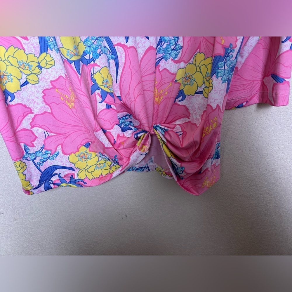 Ruby Rd Pink & White Tropical Flora Puff Print Knot Front 3/4 Sleeve Knit Top 2X - Picture 6 of 9
